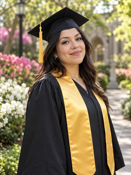 Woman in a cap, gown and gold stole on a leafy campus path