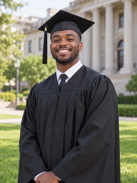 AI graduation photo of a smiling man in a black cap and gown in front of campus buildings