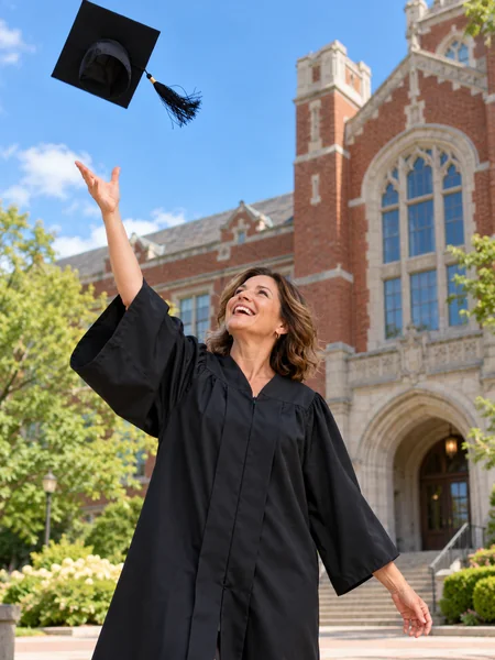 Smiling older woman graduate tossing her cap in front of a brick campus building