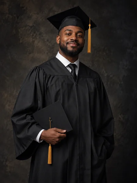 Studio graduation portrait of a man in a black gown holding his cap
