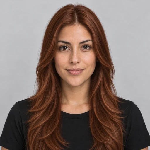 Drag to compare long dark layers with the same woman wearing a copper red lob (after)
