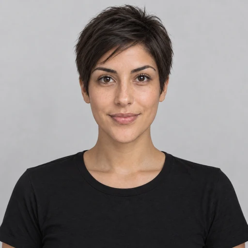 Drag to compare long straight hair with the same woman wearing a short pixie cut (after)