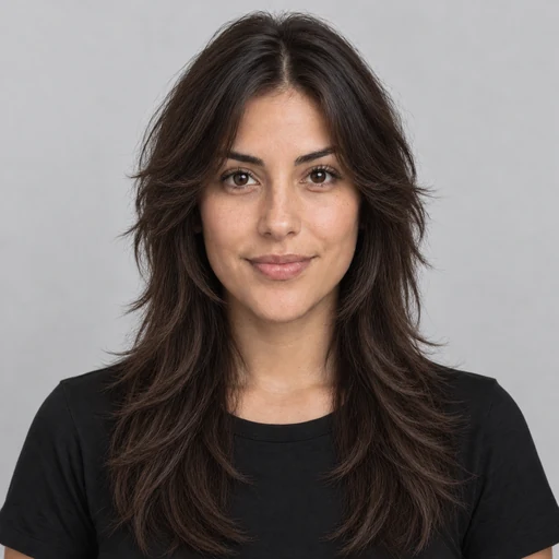 Drag to compare long straight hair with the same woman wearing a wolf cut (after)