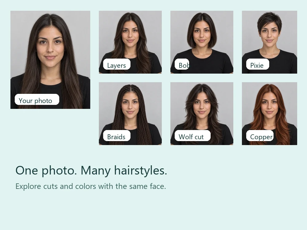 One woman’s photo shown in six AI generated hairstyles and colors around the original