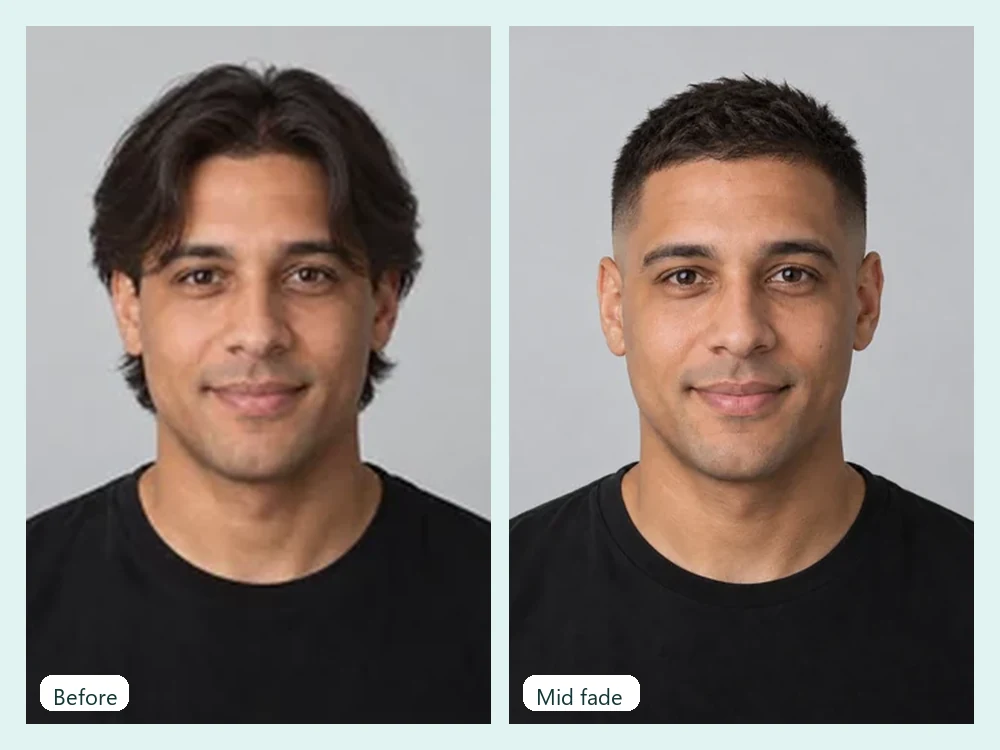 Man with shaggy hair shown again with a clean mid fade, with a close-up of the fade