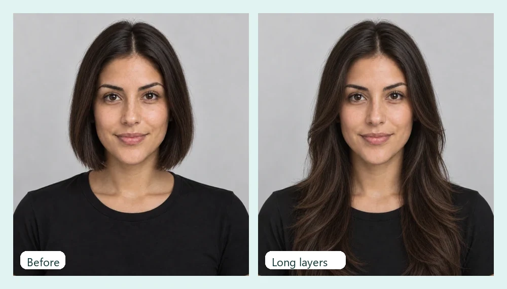 Before and after: a woman with shoulder-length brown hair and the same woman with long layered waves