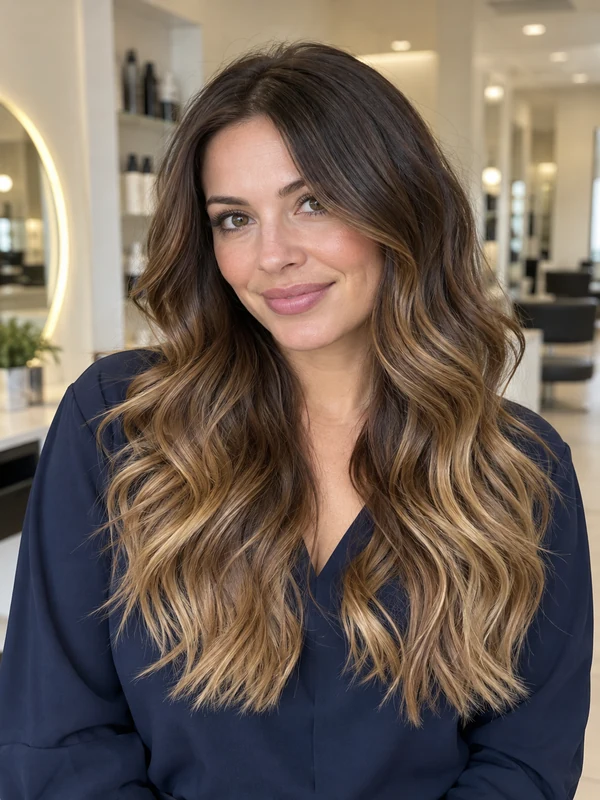 Woman with long waves in a dark-to-caramel balayage