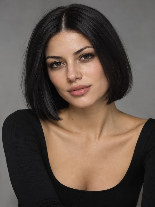Woman with a sleek, blunt chin-length bob with a center part