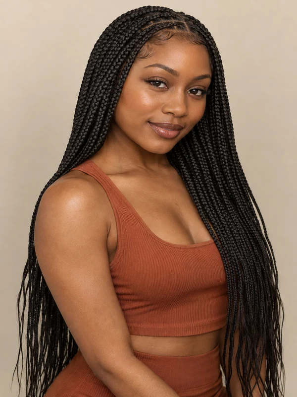Woman with long, waist-length box braids