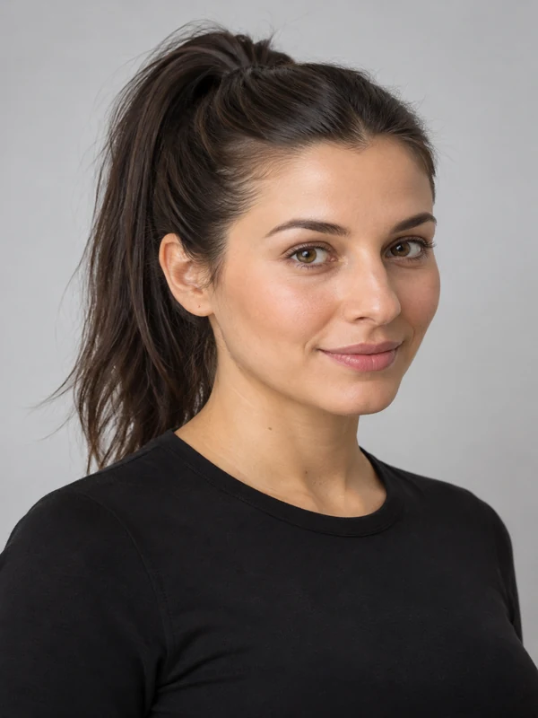 Woman with a sleek, very long high ponytail