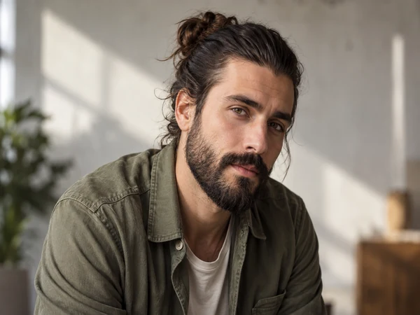 Bearded man with long hair tied into a man bun