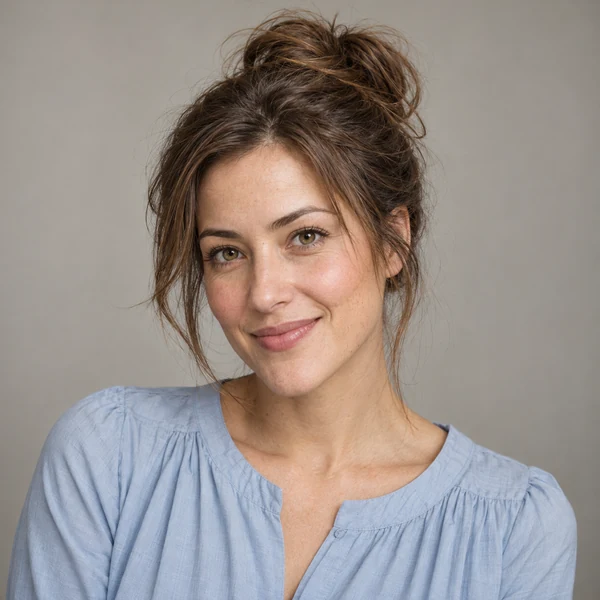 Woman with a loose messy bun and soft face-framing strands