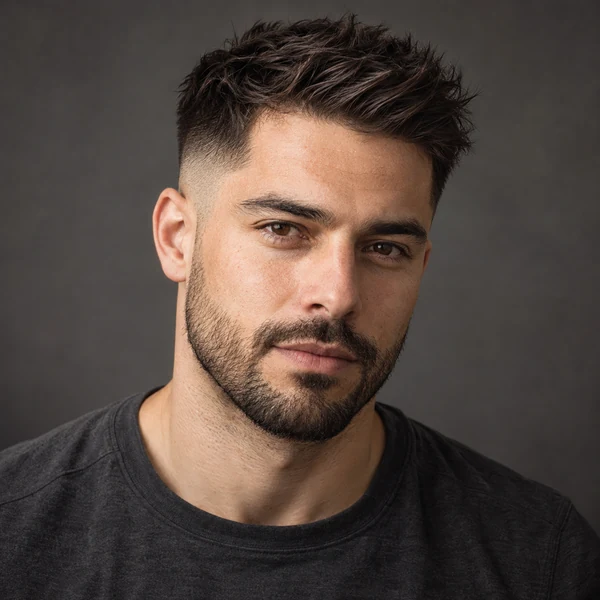 Man with a mid skin fade, short textured top, and trimmed beard