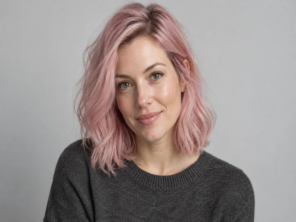 Smiling woman with shoulder-length pastel pink hair