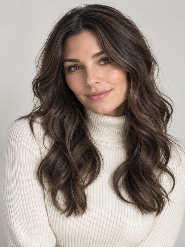 Woman with long, glossy dark brown soft waves