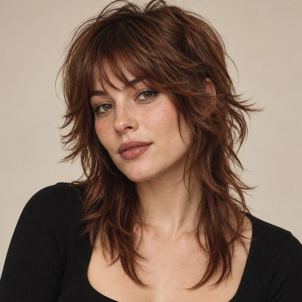 Woman with a shaggy auburn wolf cut and wispy bangs