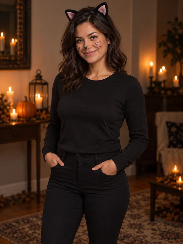 Woman with long dark hair wearing black cat ears in a candlelit room