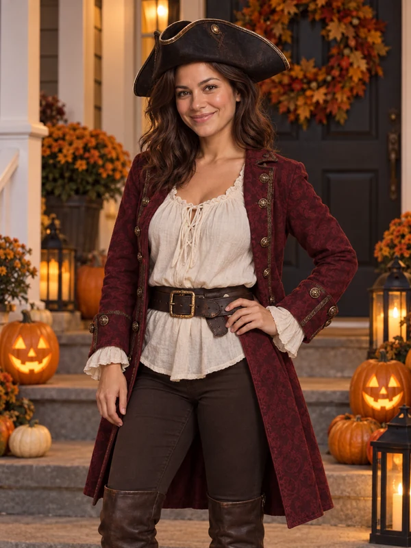 Smiling woman in a pirate coat and tricorn hat on a porch with jack-o’-lanterns