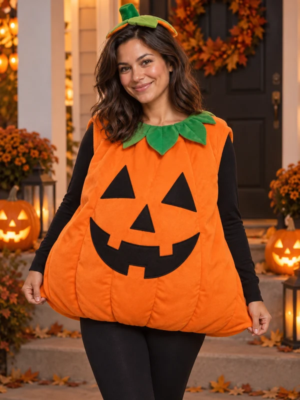 Laughing woman in an orange jack-o’-lantern costume on a decorated porch