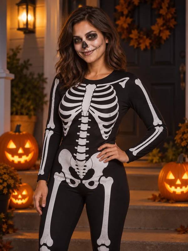 Man in a skeleton bodysuit and skull face paint on a porch with glowing pumpkins