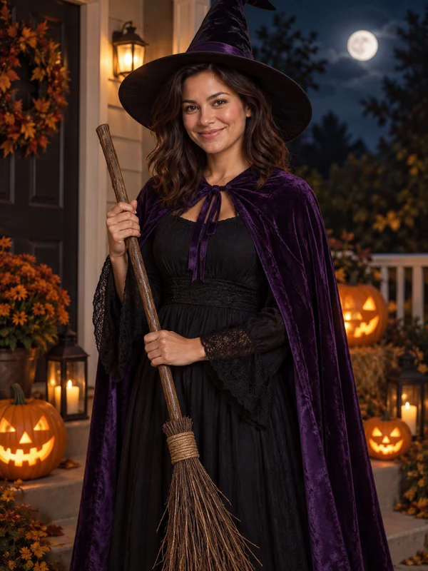 Woman in a pointed witch hat and purple cape holding a broom under a full moon