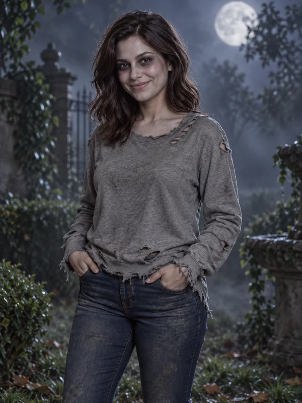 Woman with gray zombie makeup and a torn shirt in a foggy moonlit graveyard