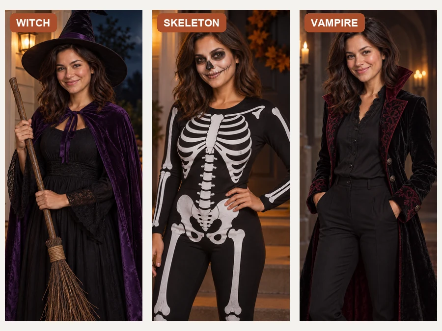 Three costume results for the same woman: witch, skeleton face paint, and vampire