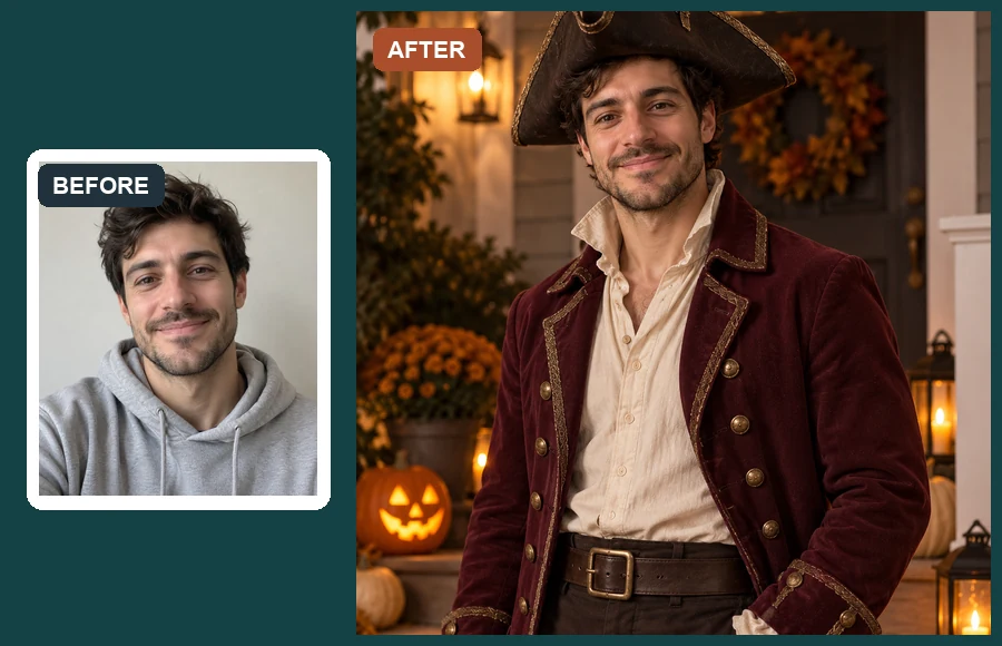 A hoodie selfie turned into a full pirate costume photo with a lantern-lit porch and carved pumpkin