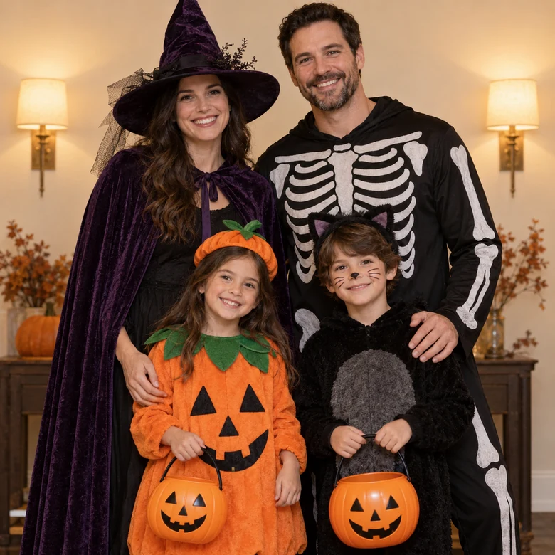 Family of four in matching Halloween costumes: a witch, a skeleton, and two kids holding pumpkin buckets
