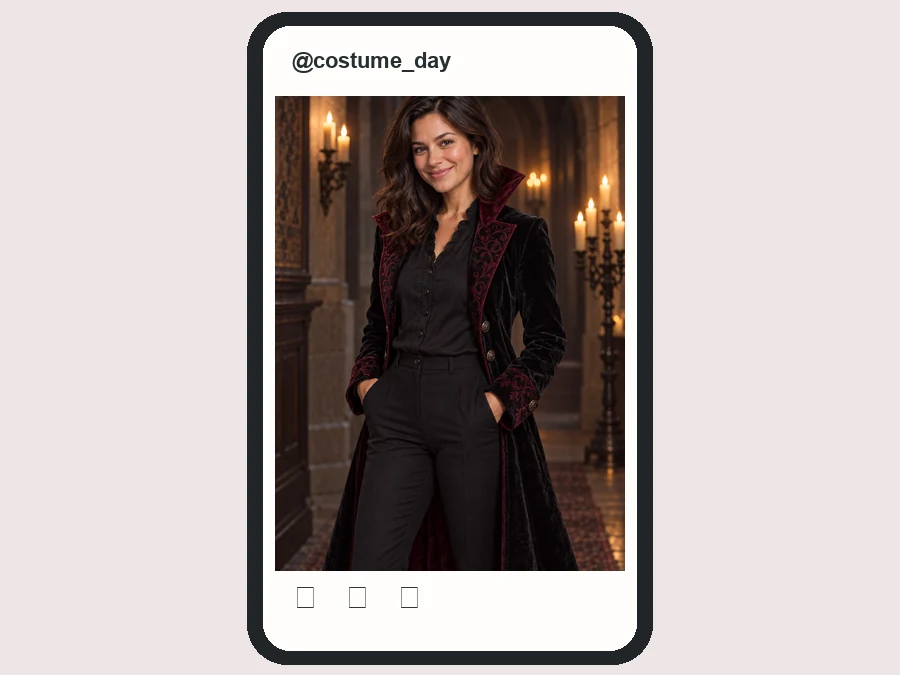 Phone showing a social post of a woman in a vampire costume in a moonlit graveyard
