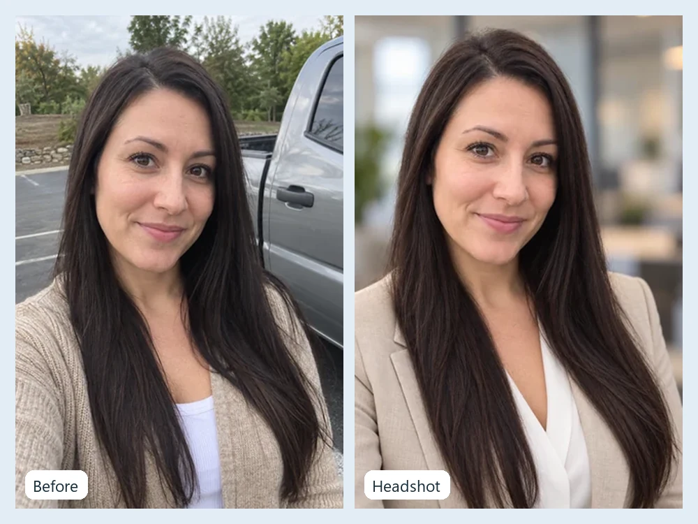 A casual selfie of a woman in a hoodie turned into a polished professional headshot