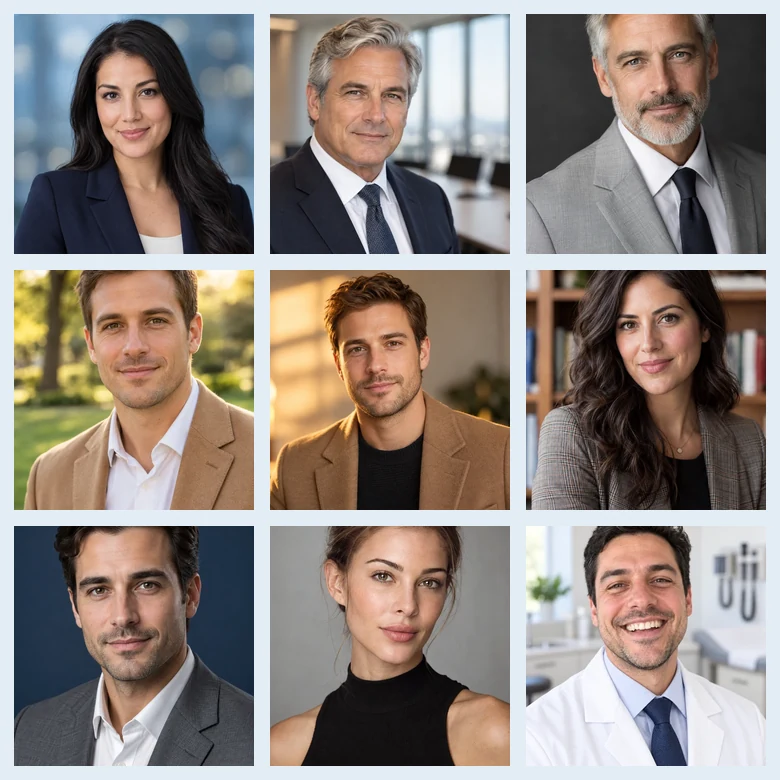 Several AI head shots of men and women in office settings created from single photos