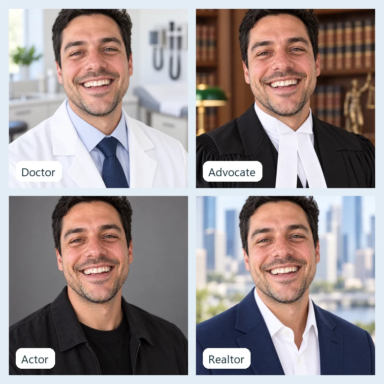 One man shown as a doctor, a lawyer, and a professional in a suit, examples of profession headshot styles