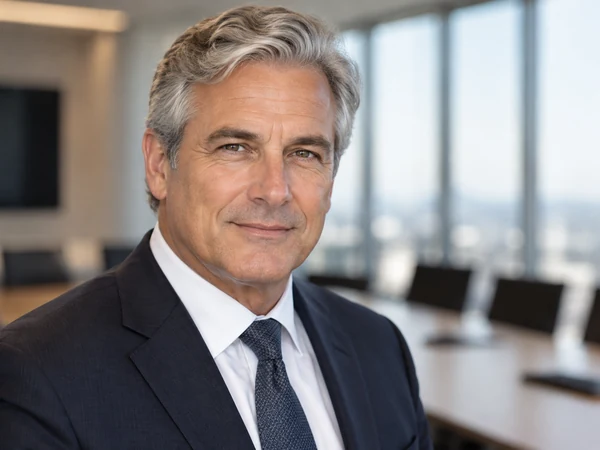 AI corporate headshot of a gray-haired man in a dark suit in a blurred boardroom