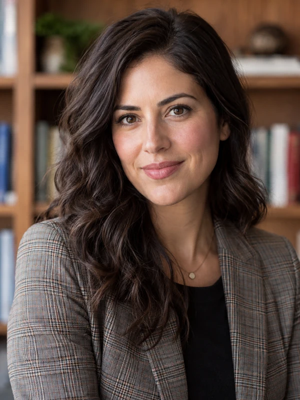 AI professional headshot of a woman in a tweed blazer in front of a wooden bookshelf