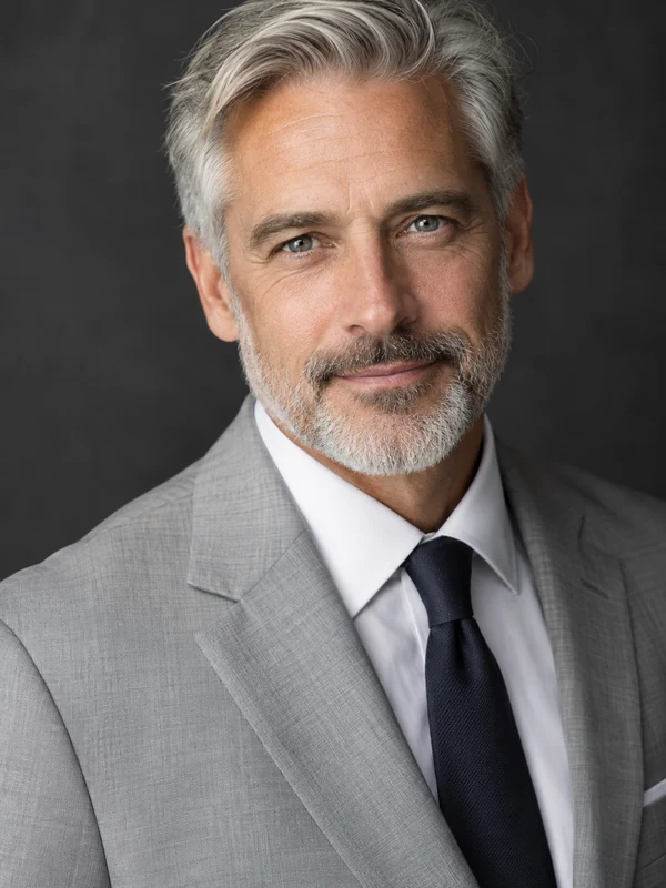 Studio headshot of a man in a light gray blazer on a charcoal backdrop