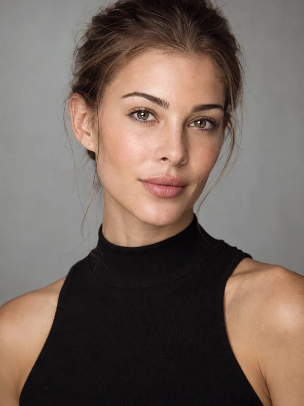 Woman in a black sleeveless top against a soft gray studio backdrop