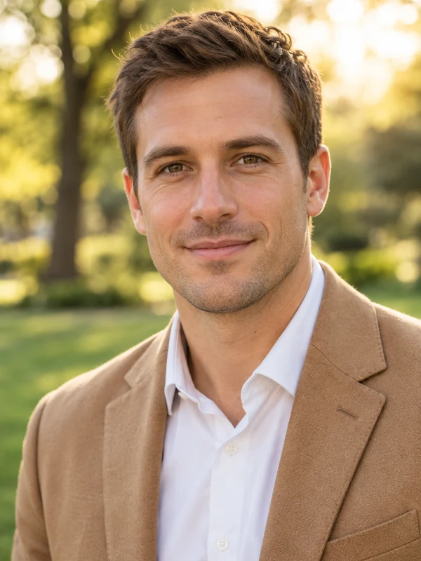 Outdoor AI headshot of a smiling man in a tan blazer with sunlit trees behind him