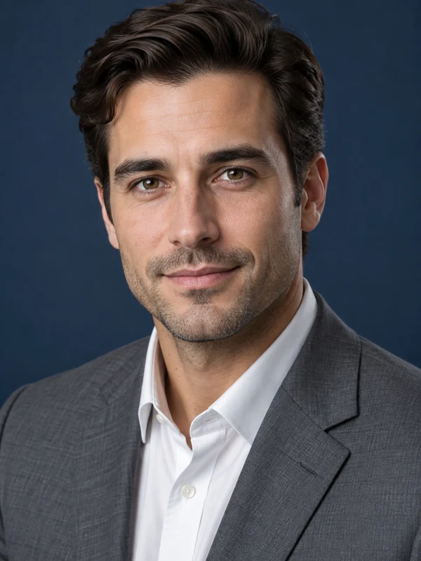 Headshot of a man in a gray blazer and white shirt against a navy blue backdrop