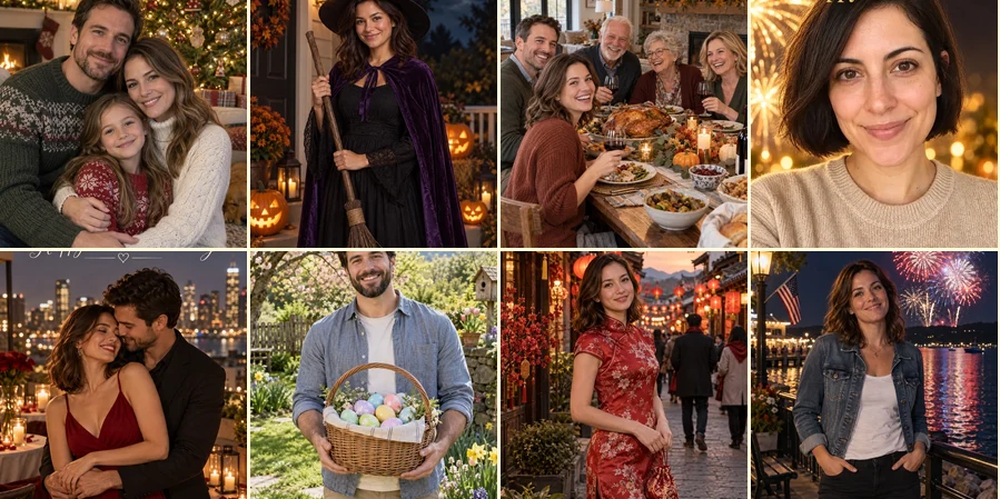 Grid of eight AI holiday photos, one for each holiday from Christmas to the Fourth of July