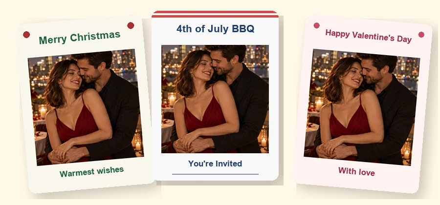 An AI holiday card for Christmas, a 4th of July BBQ invitation and a Valentine’s card side by side