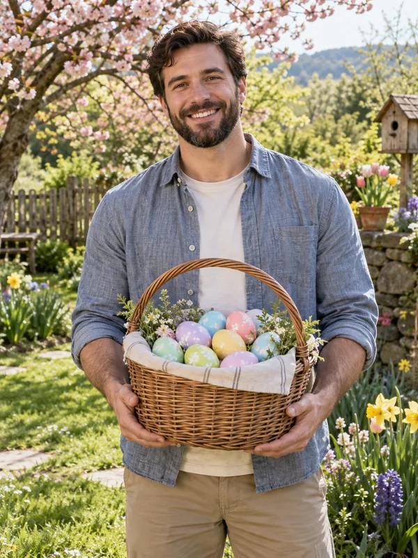Bearded man holding a basket of pastel Easter eggs in a spring garden