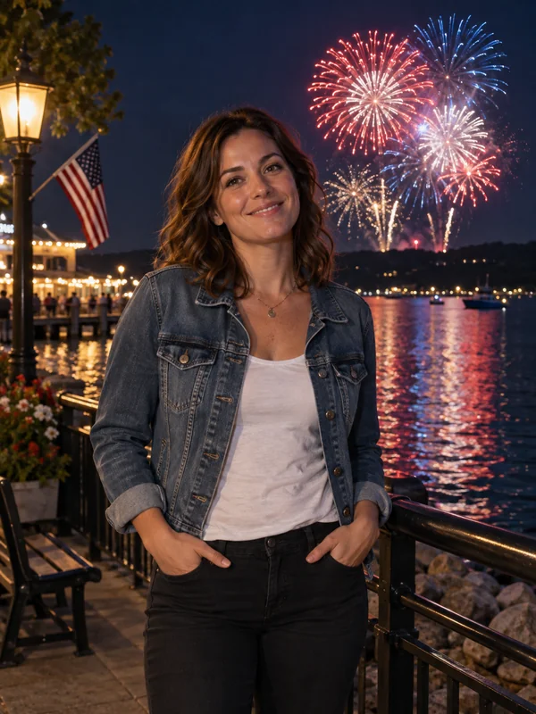 Woman in a denim jacket at a Fourth of July fireworks show by the water
