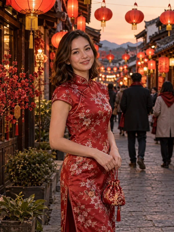 Woman in a red qipao smiling among glowing red lanterns for Lunar New Year