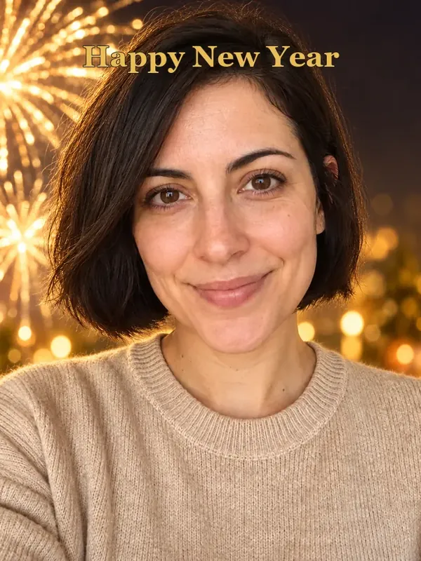 Smiling woman in front of fireworks in an AI New Year portrait