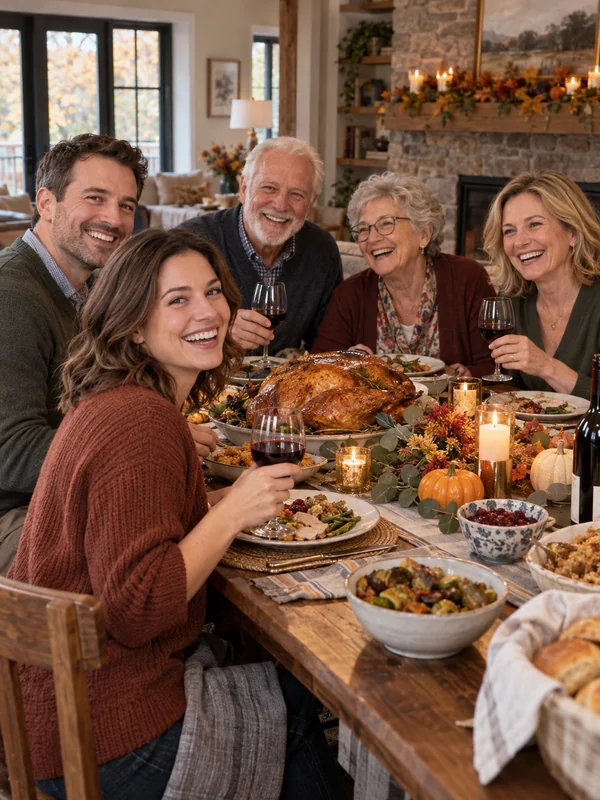 Family gathered around a Thanksgiving dinner table with candles and autumn food