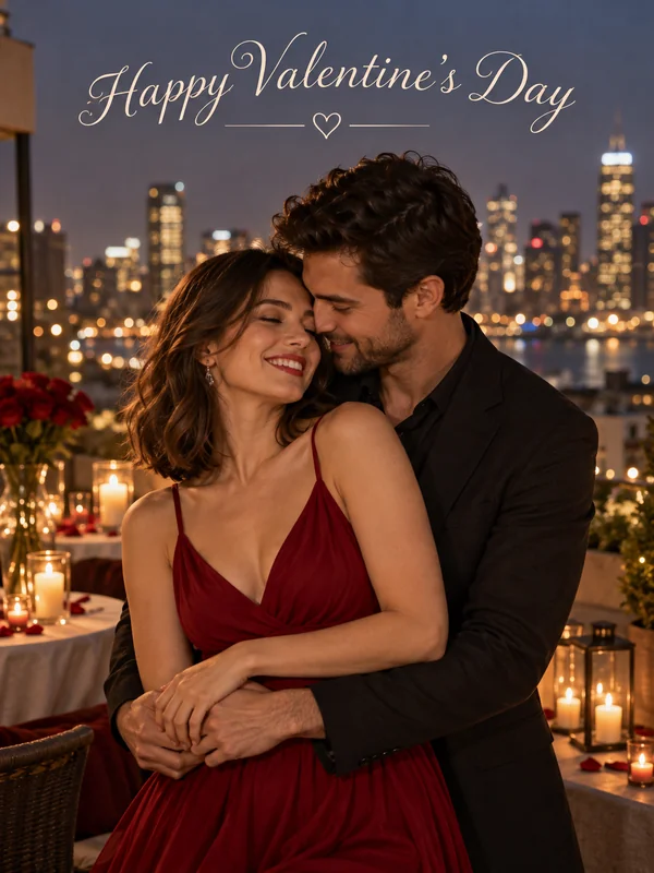 Couple embracing in warm bokeh light with Happy Valentine’s Day lettering