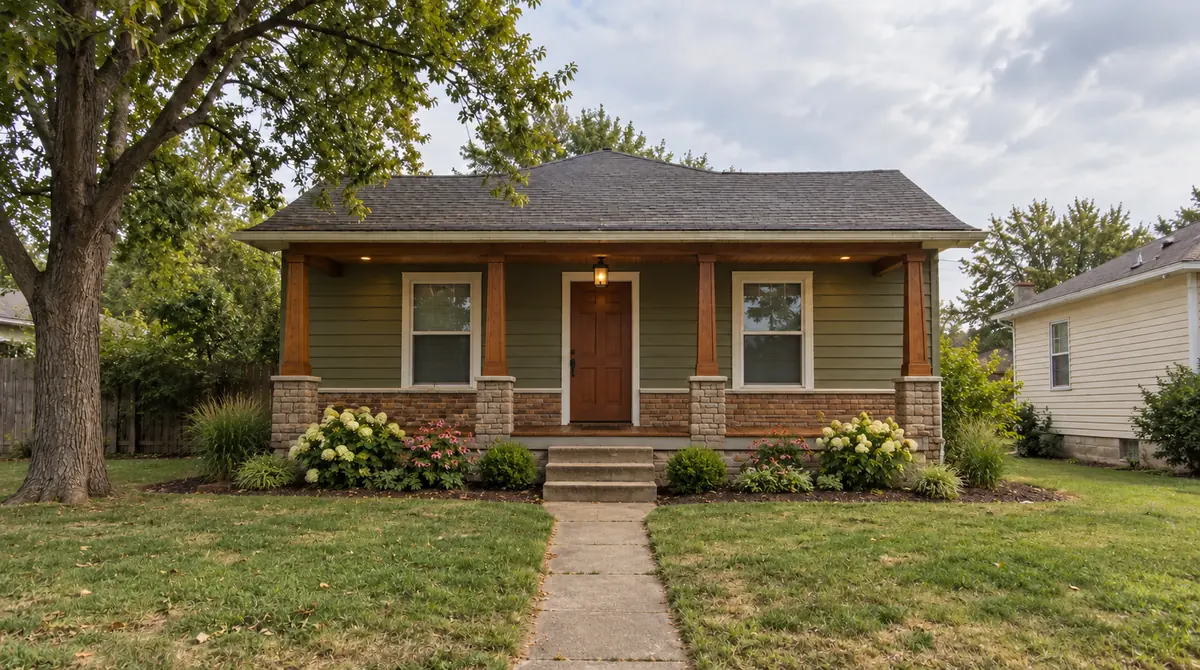 Drag to compare the gray bungalow and the craftsman-style remodel (after)