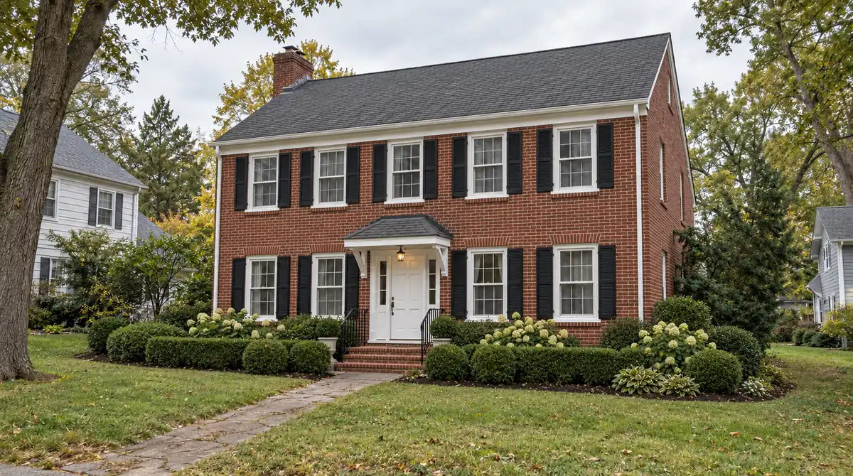 Drag to compare the worn colonial house and the refreshed brick colonial (after)