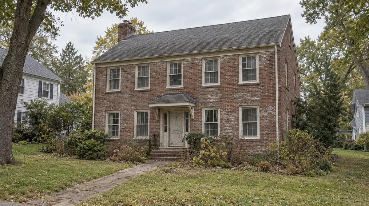 Drag to compare the worn colonial house and the refreshed brick colonial (before)